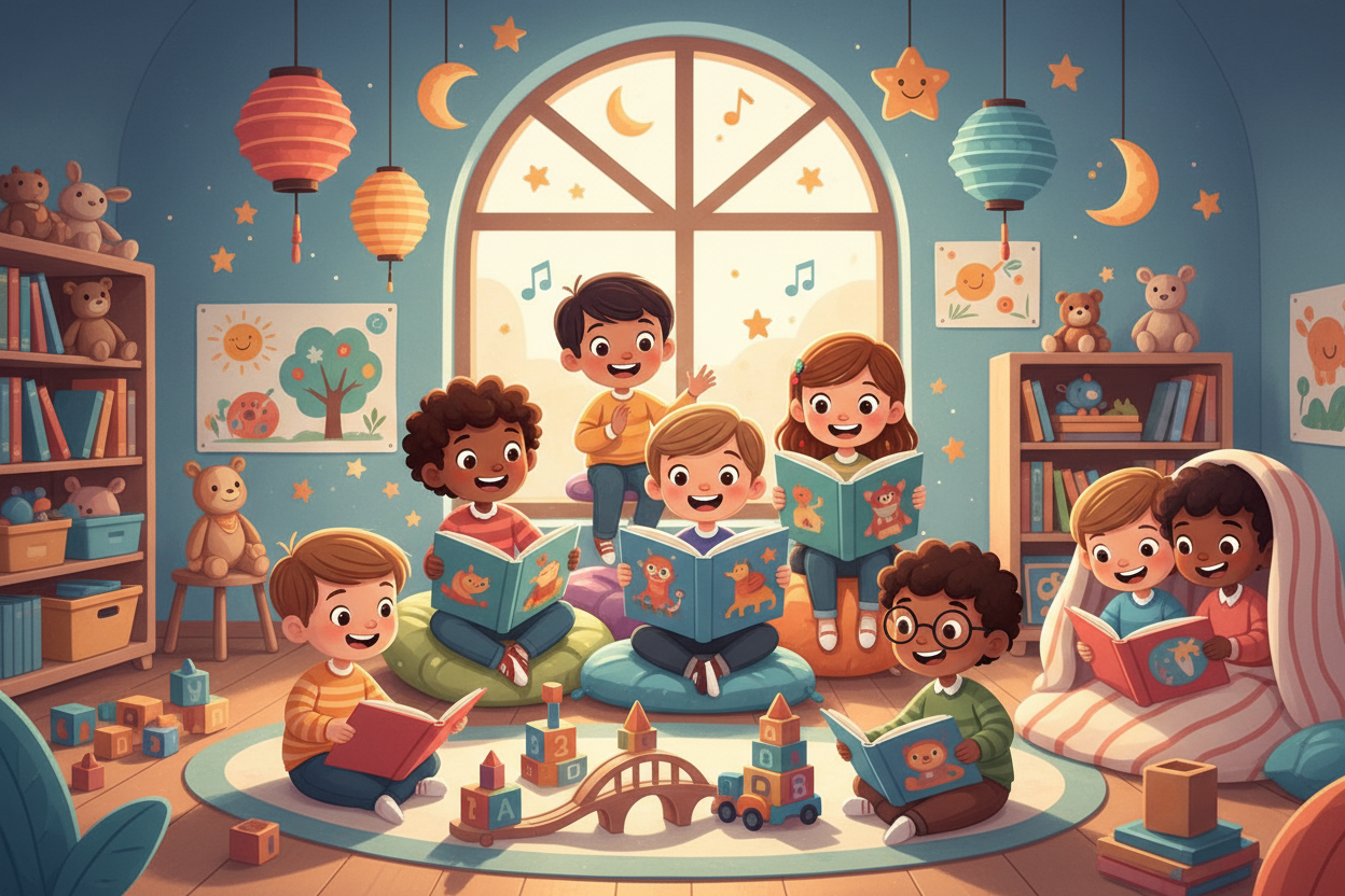 Animatie kinderen spelen, boekjes lezen